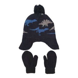 Cute Dinosaur Knit Hat & Mittens Set Navy Blue with Dino Print Pom Pom Winter